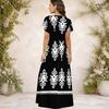 Women Plus Size V Neck Short Sleeve Black White Printed Straight Maxi Dress