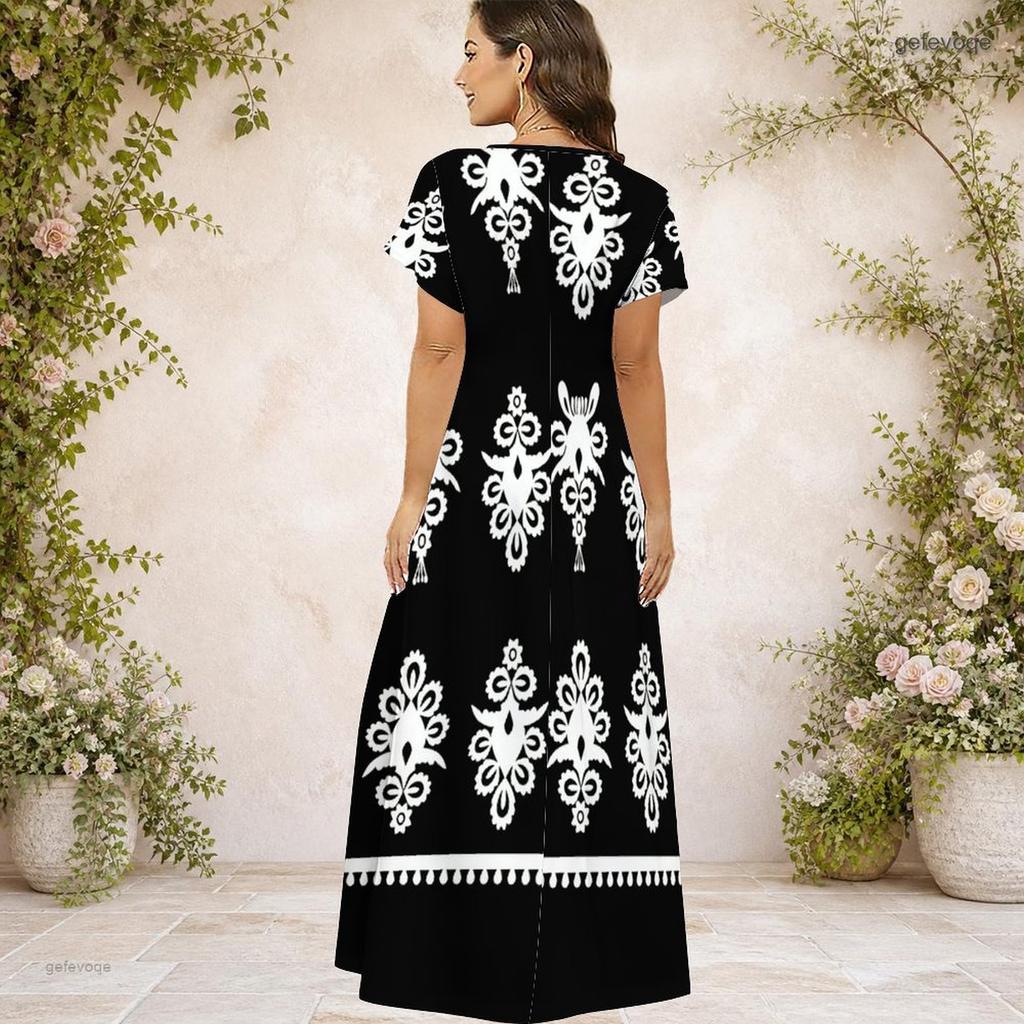 Women Plus Size V Neck Short Sleeve Black White Printed Straight Maxi Dress