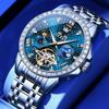 OLEVS Automatic Mechanical Skeleton Diamond Starry Sky Waterproof Date Luminous Watch for Men Stainless Steel Stylish Brand Blue