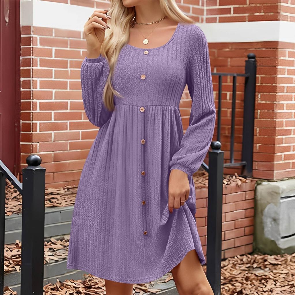 Women's Fashion Round Neck Casual Slim Solid  Waist Long Sleeve Dresses