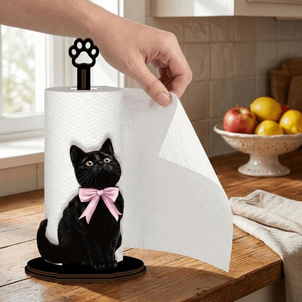 Wooden Base Bow Kitty Kitchen Towel Rack Cute Food Wrap Storage Rack For Kitchen