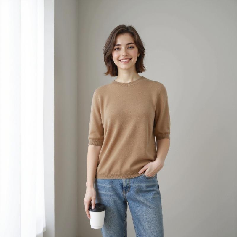 Wool round neck loose pullover knitted bottom women's age-reducing inner short-sleeved sweater