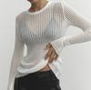 Neck Sleevewhite Long Round Women Elegant Striped See Through Outfits Tshirts Tees Skinny Club Tops