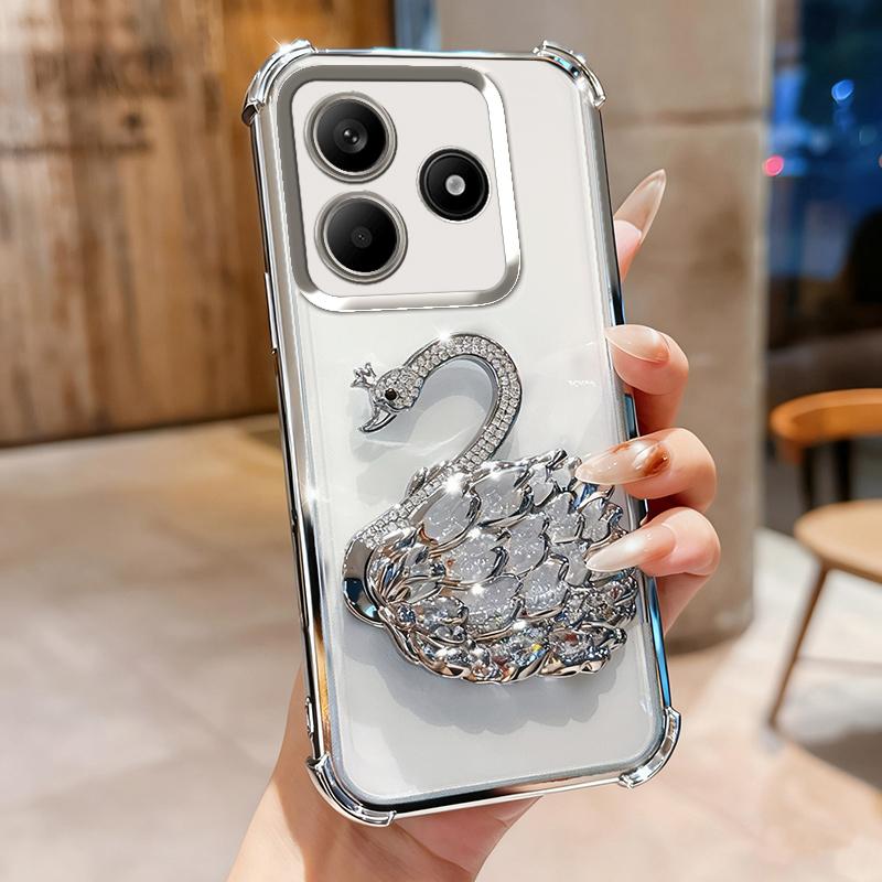 KEYSION Shockproof Plating TPU Phone Case for Remdi Note 14 4G 5G Glitter Jewelled Swan Kickstand Cover for Redmi Note 14