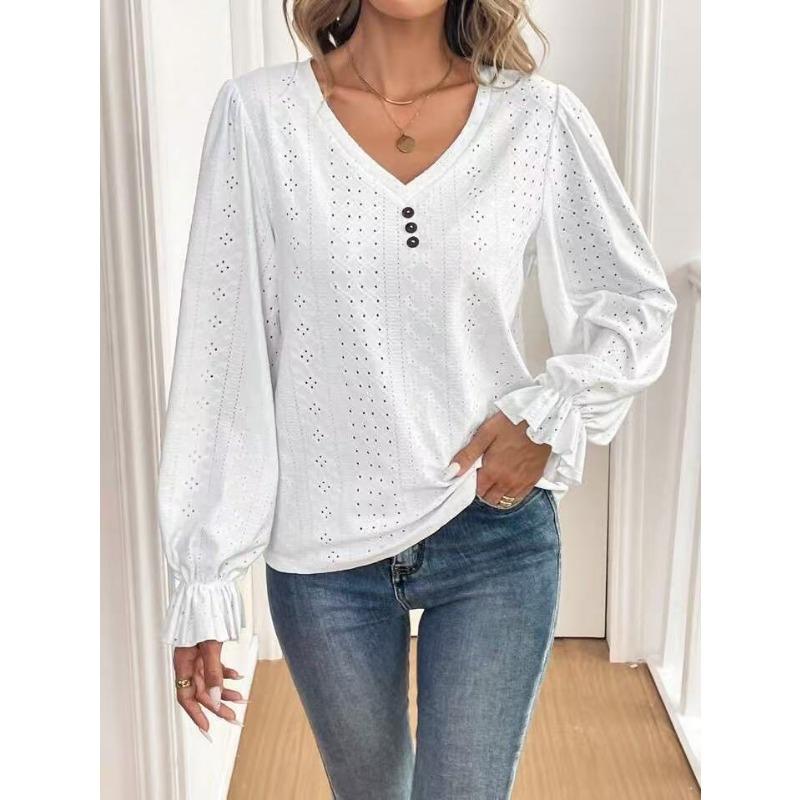 Women S Long Sleeve V Neck Solid Color Hollow Out Casual Top