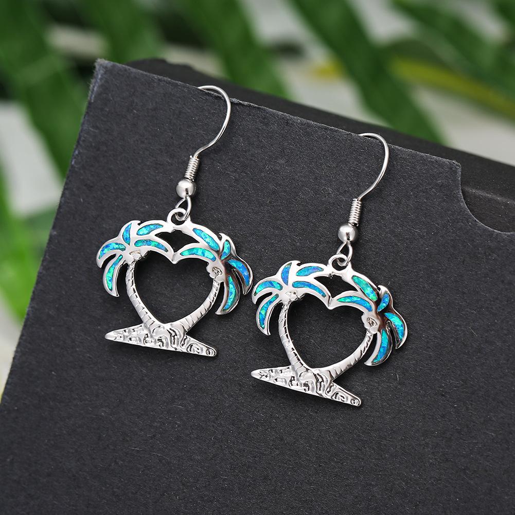 Two Blue Coconut Tree Earrings with Hollowed Out Hearts Temperament and Personality As A Personalized Accessory