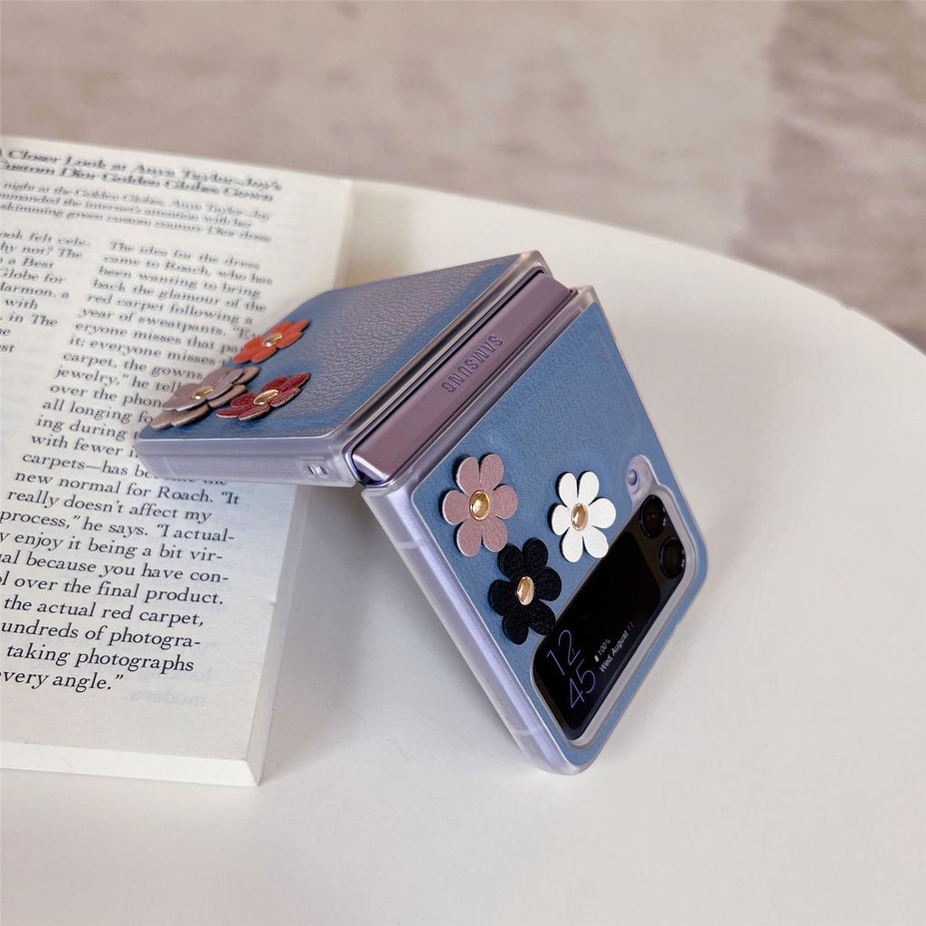 For Samsung Galaxy Z Flip 4 5g Case Korean Style Three -Dimensional Flower Leather Case For Galaxy Z Flip 4 5g Lightweight Cover