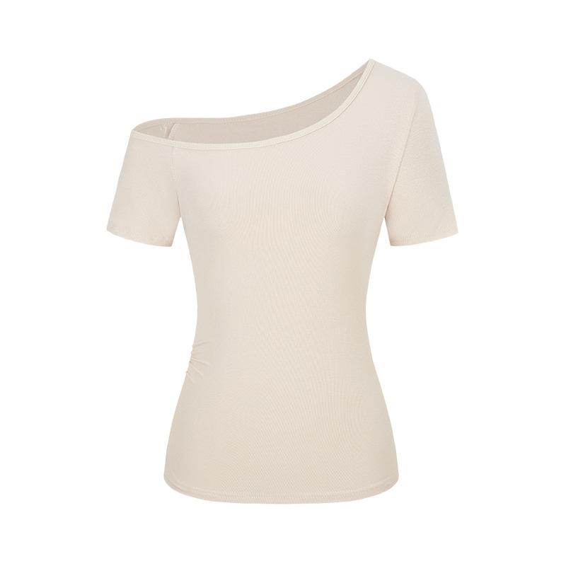 Design Sense Off-Shoulder Spice Girl Short Sleeve T-Shirt Women's Summer New Slim and Skinny Solid Color Versatile Pullover