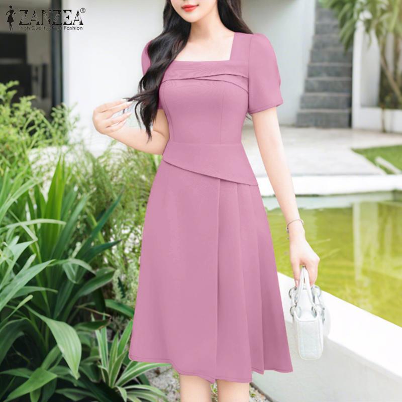 ZANZEA Women Casual Square Collar Summer Short Sleeve Dress