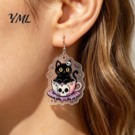 Lightweight Daily Wear Earrings 1 Pair Halloween for Women, 2D Acrylic Teacup Black Cat Women Dangle Drop Earrings, Gothic Cartoon Jewelry Party,
