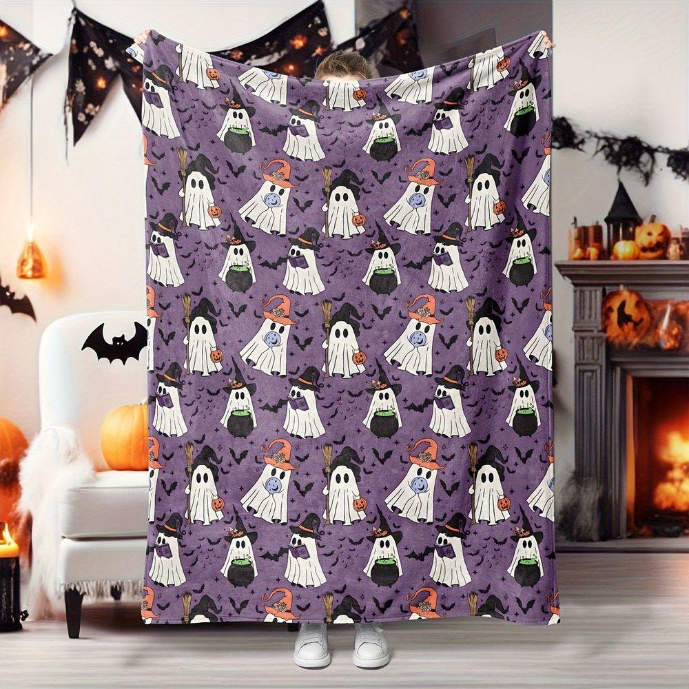 Spooky Halloween Ghost Pattern Flannel Throw Blanket Soft Plush Fleece Bed Sofa Cover, Cozy Lightweight Decorative Home Decor for Festival Gift