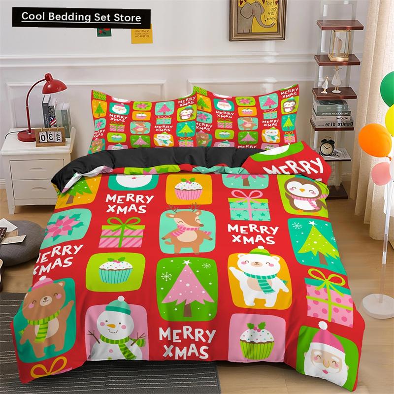 3D Merry Christmas King Queen Bedding Set Kids Cartoon Santa Snowman Deer Comforter Cover XMAS Duvet Cover Polyester Quilt Cover