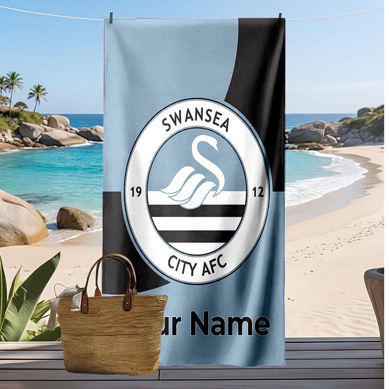Swansea City FC Personalized Printed Beach Towel Soccer Logo Support Custom Name Text Absorbent Towel For Sport Travel Special Gift