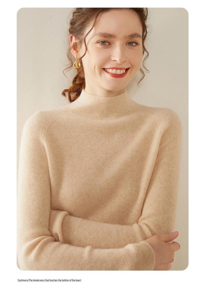 Women's Striped Half-High Neck Cashmere Slim Fit Sweater - Versatile Knitwear Base Layer