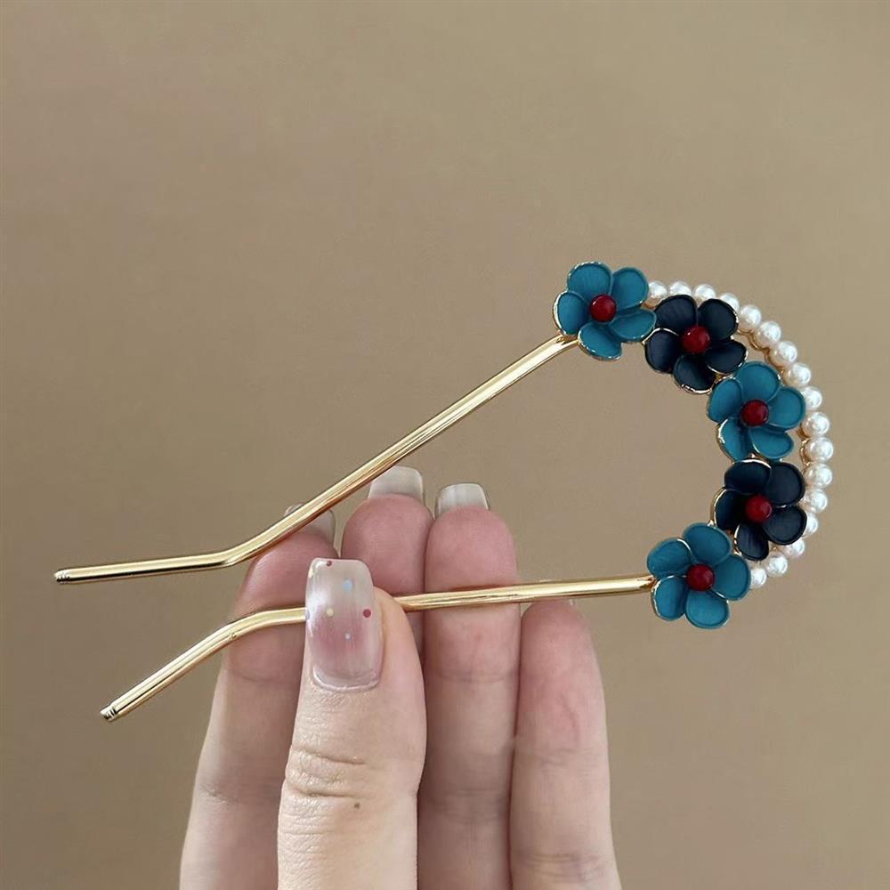 Traditional Blue Floral Pearl U-Shaped Hairpin - Elegant Hanfu Qipao Accessory for Women