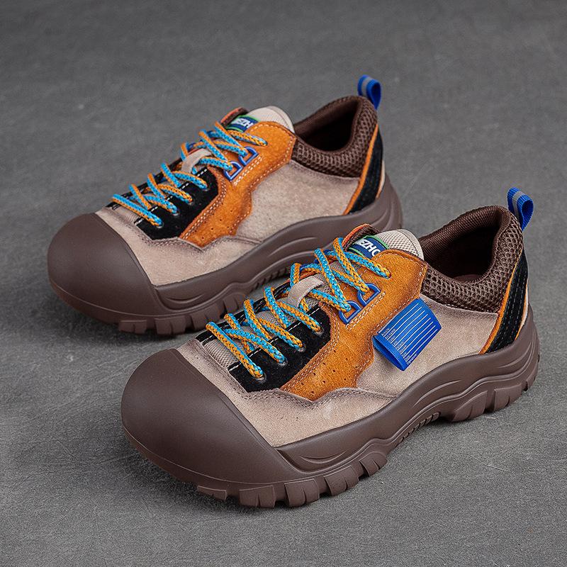 Damen Farblich Abgesetzte Runde Zehenpartie Schnürung Freizeit-Schuhe Retro Sport-Sneaker mit EVA Dicksohle Bequeme Lauf-Flats
