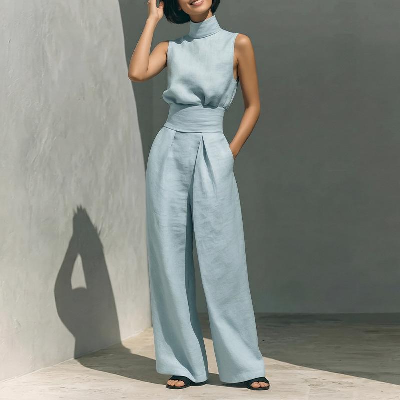 2026 Cross-border Foreign Trade European and American Women's Wear: Spring/Summer New Fashionable Cotton-Linen Sleeveless Long Pants Casual Set for Wo