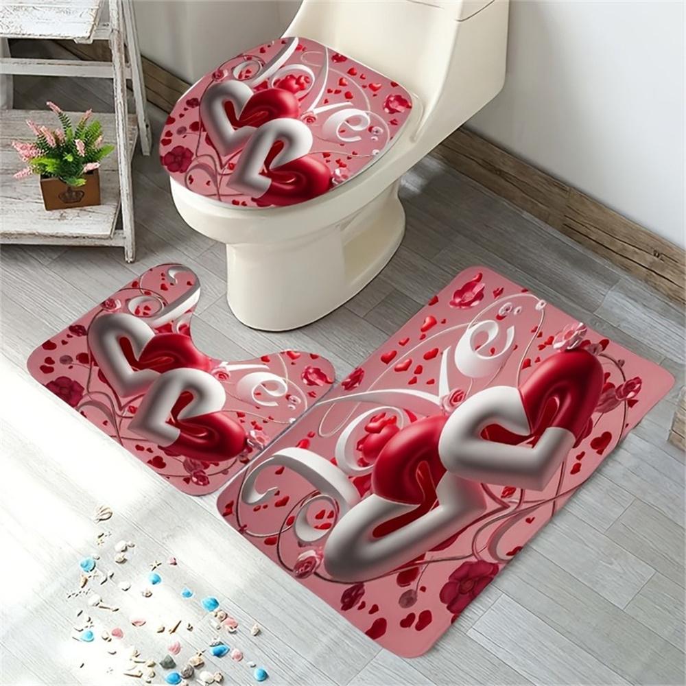4pcs Red And White Heart Pattern, Valentine's Day Bathroom Set, Waterproof Barrier Shower Curtain, with 12 Hooks, Non Slip Bath