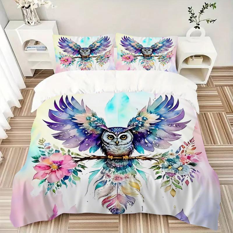 3pcs Colorful Owl with Flowers Watercolor Print, Includes One Quilt Cover and Two Pillowcases (No Core), Home Decor, Gift, Anime Cartoon