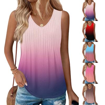 Women's Fashionable Sleeveless Vest With Pleats, V-neck, Tie- Gradient Color, Loose Fit, Flowy Summer Top