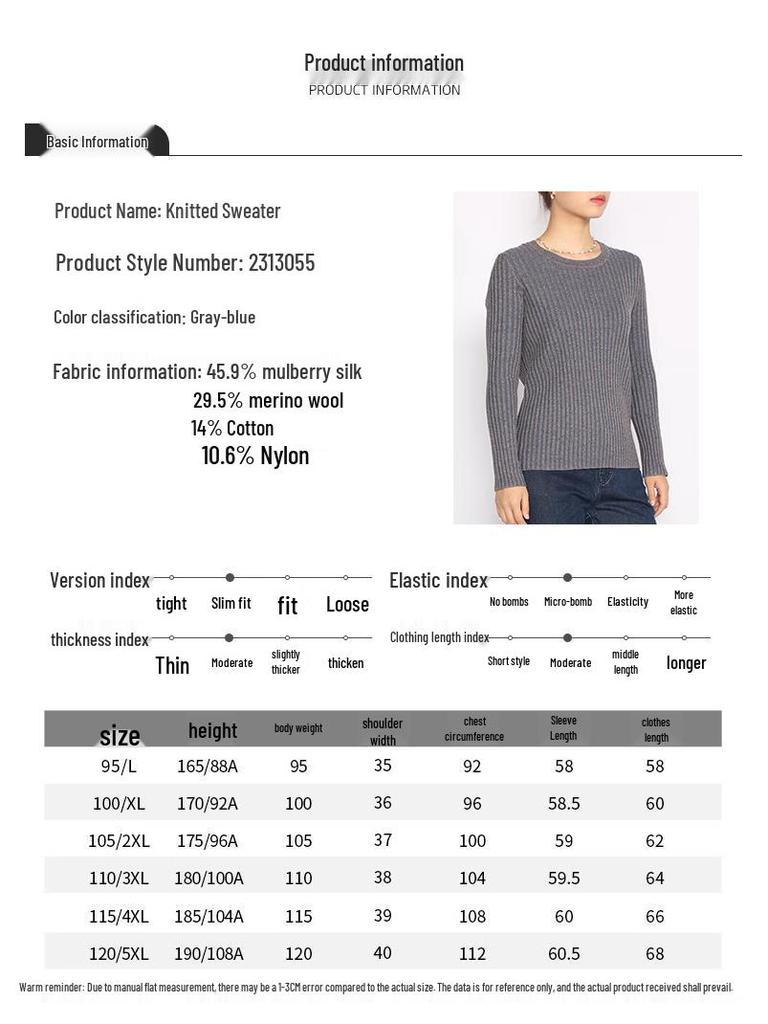 Anlom Women's Striped Mulberry Silk Long-Sleeve Knit Top