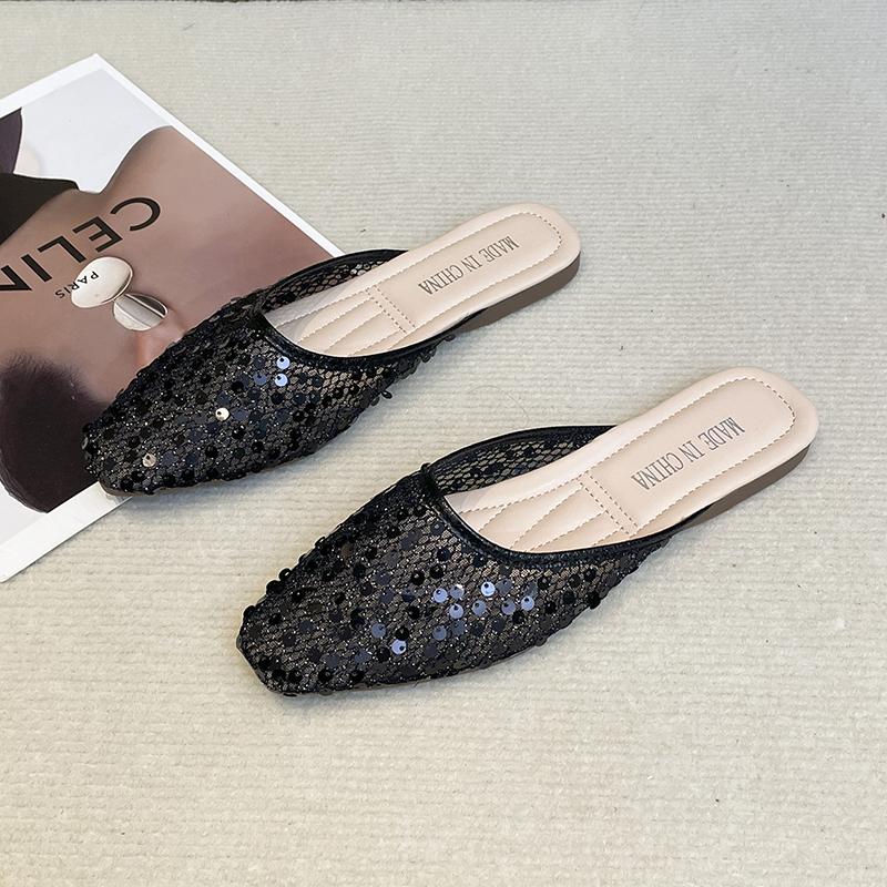 Fashion New Baotou Slippers Spring Square Head Shallow Mouth Glitter Mesh Cover Feet Soft Sole Anti-slip Wear-resistant Flat Shoes