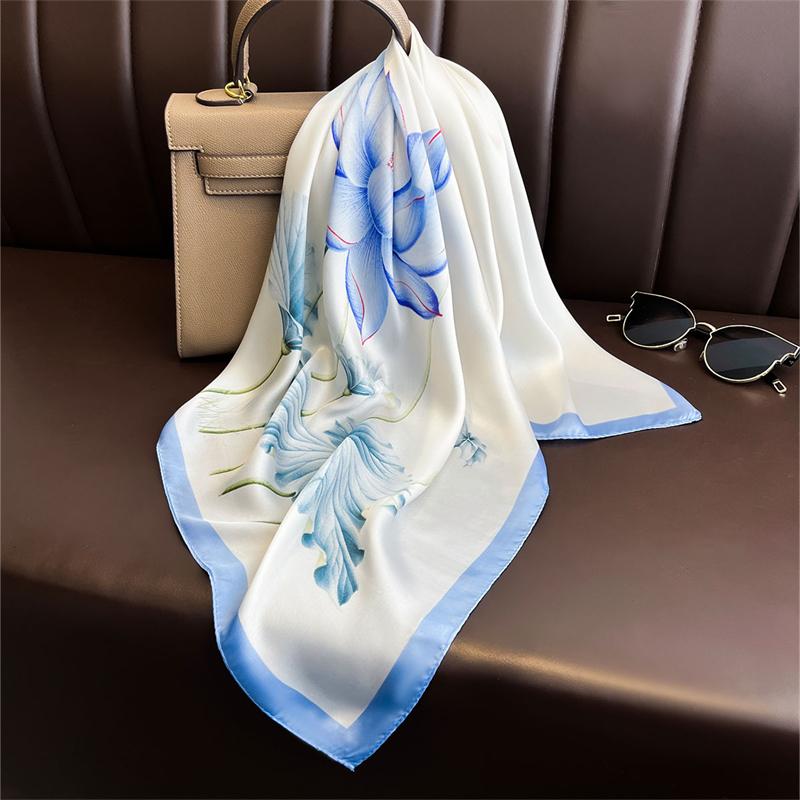 Summer Blue Lotus Silk-like Scarf 70x70cm Women Silk Scarves Luxury Bandana Hijab Neckerchief Shawl Kerchief Hair Band Foulard