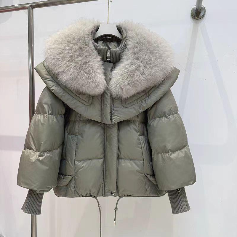 Winter new fox big fur collar down jacket women's short loose thickened white duck down fur jacket