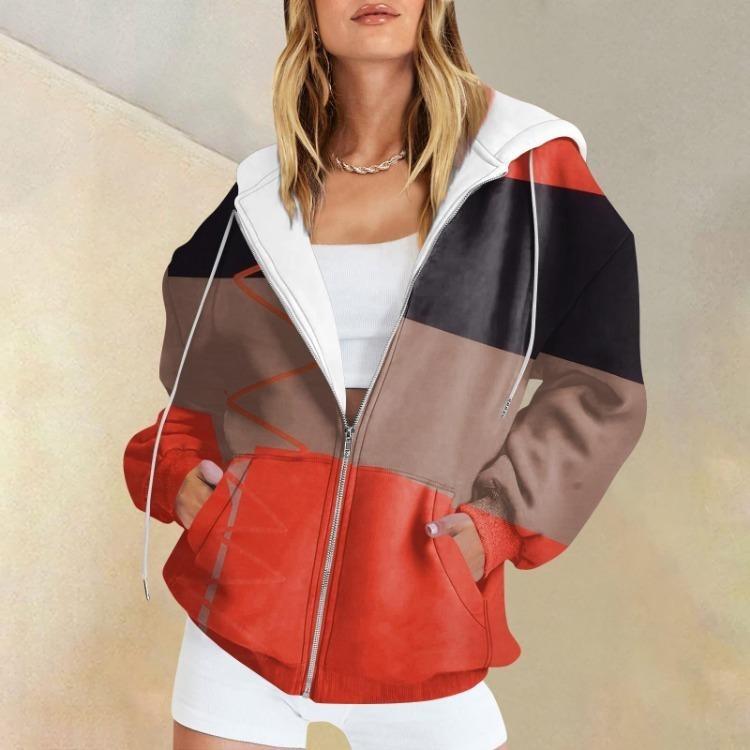 Damen Lässig Langarm Bedruckte Kapuzenpullover Sweatshirts Reißverschluss Pullover Textur Mantel Mode