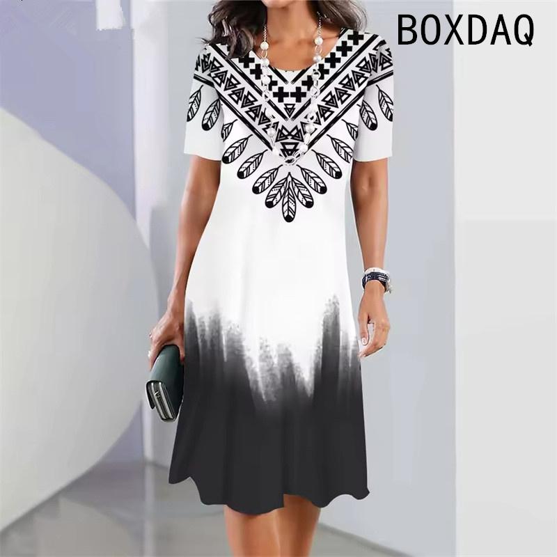 Vintage Elegantes Damenkleid Sommer Kurzarm Rundhalsausschnitt Lässig A-Linie Kleid Schwarz Weiß Farbverlauf 3D Digitaldruck Kleid