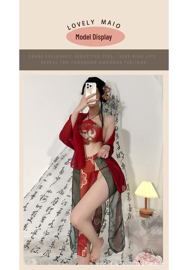 Elegant Ancient Court Style Lingerie Set with Hanfu Belly Band - Inspired by Dunhuang Flying Apsaras and Phoenix Motifs.