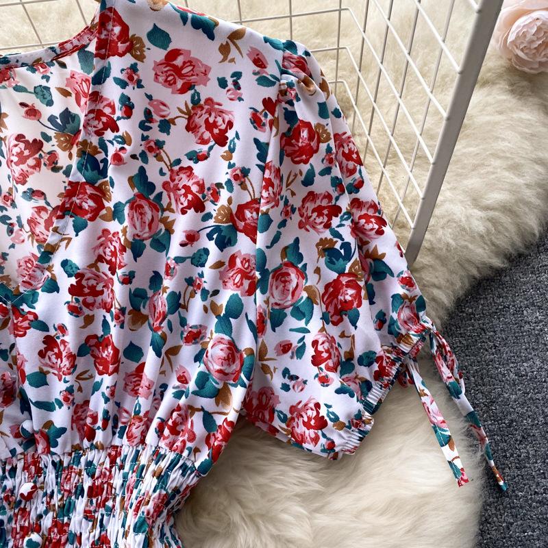 Women Summer Spring Short Sleeve Flower Print V-neck Casual A-Line Ankle-Length High Waist Dress