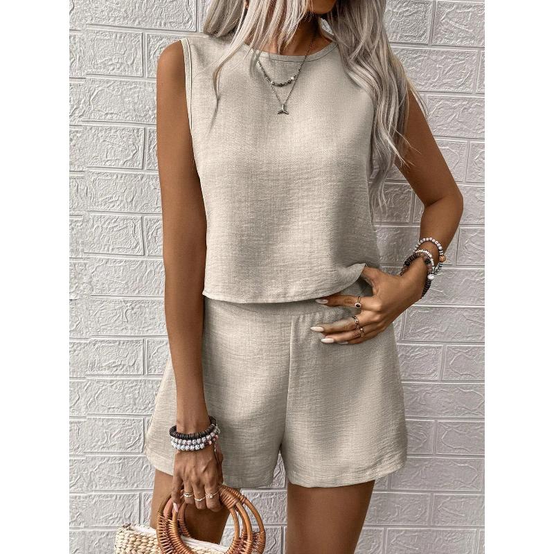 Women Western Fashion Casual Tank Top and Shorts Set S бежевый