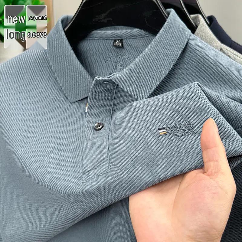 

Чоловіча бавовняна піке-поло сорочка з довгим рукавом 2025 року з вишивкою - Однотонна, відкладний комір, вільний крій XL fit for 67.5-75 kg синій