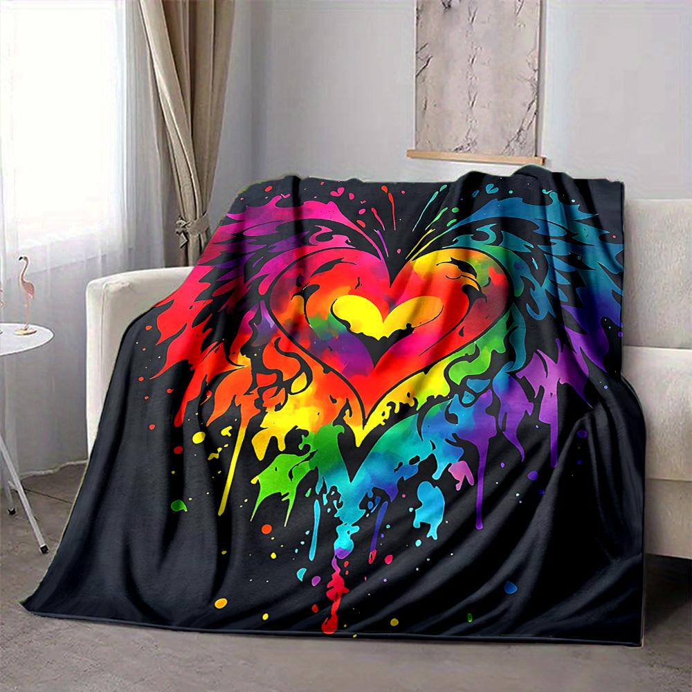 1pc Heart Rainbow Lightweight Flannel Blanket, Comfortable and Warm Blanket, for Office and Camping Sofa Bed073