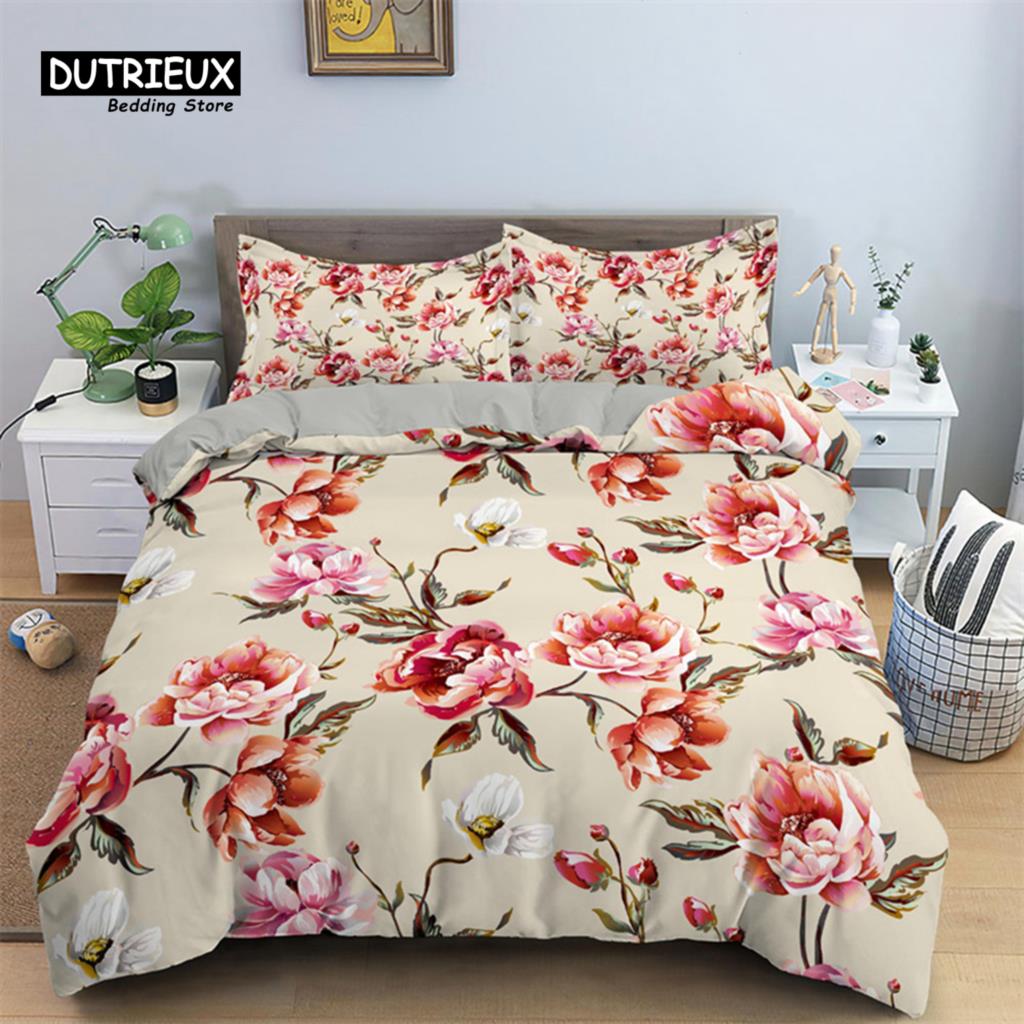 Blumiger Bettbezug Blumen Blätter King Bettwäscheset Frühlingsblüte Garten Bettdeckenbezug Bauernhaus Blütenblätter Botanischer Steppdeckenbezug