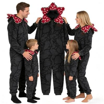 Adult Kids Pajamas With Demogorgon Plant Design Flannel Fabric Onesie For Boys Girls, Soft Stranger Christmas Themed Jumpsuit