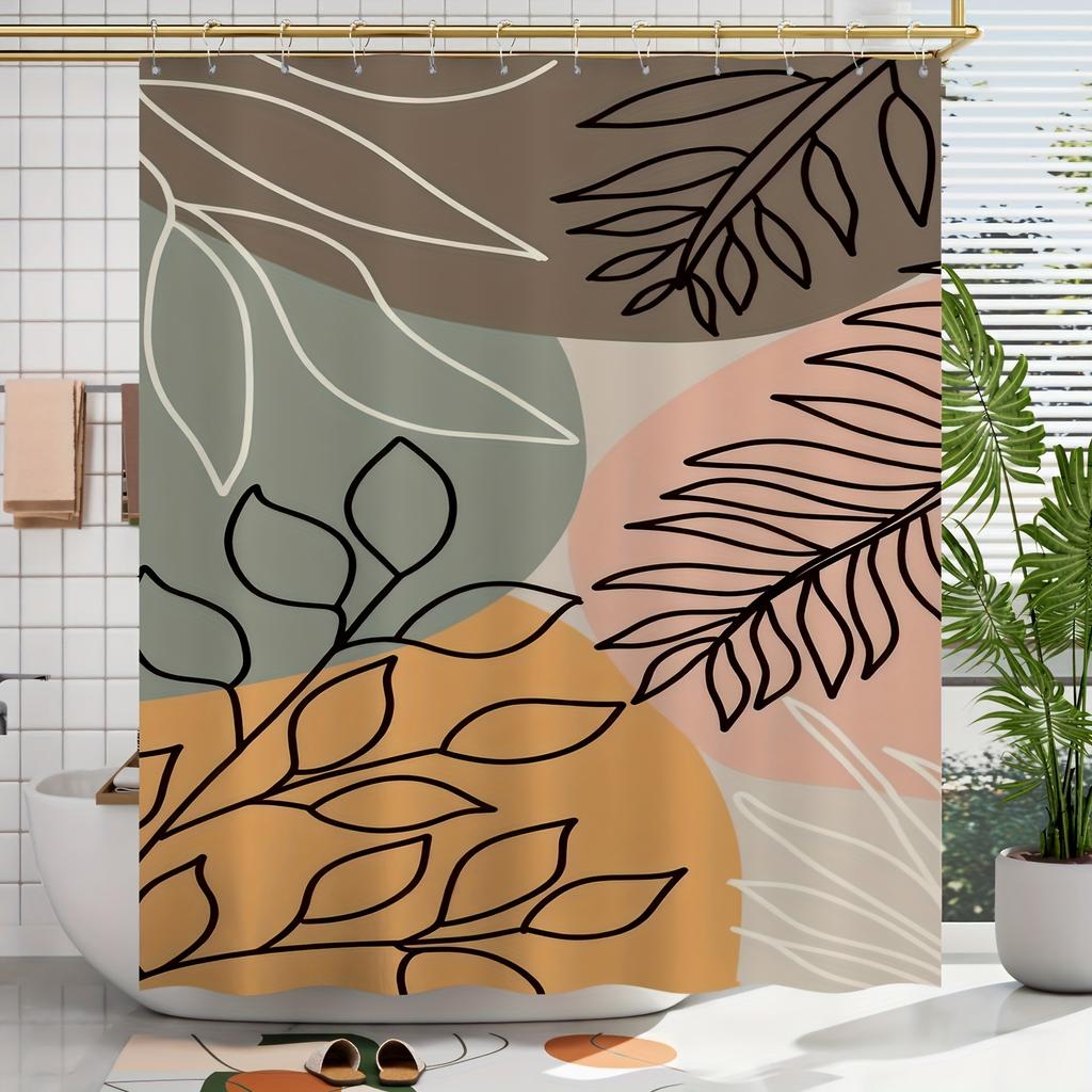1 Modern Leaf Pattern Shower Curtain - Polyester, Machine Washable, With Colorful Leaves, Hook Included, Polyester Fabric
