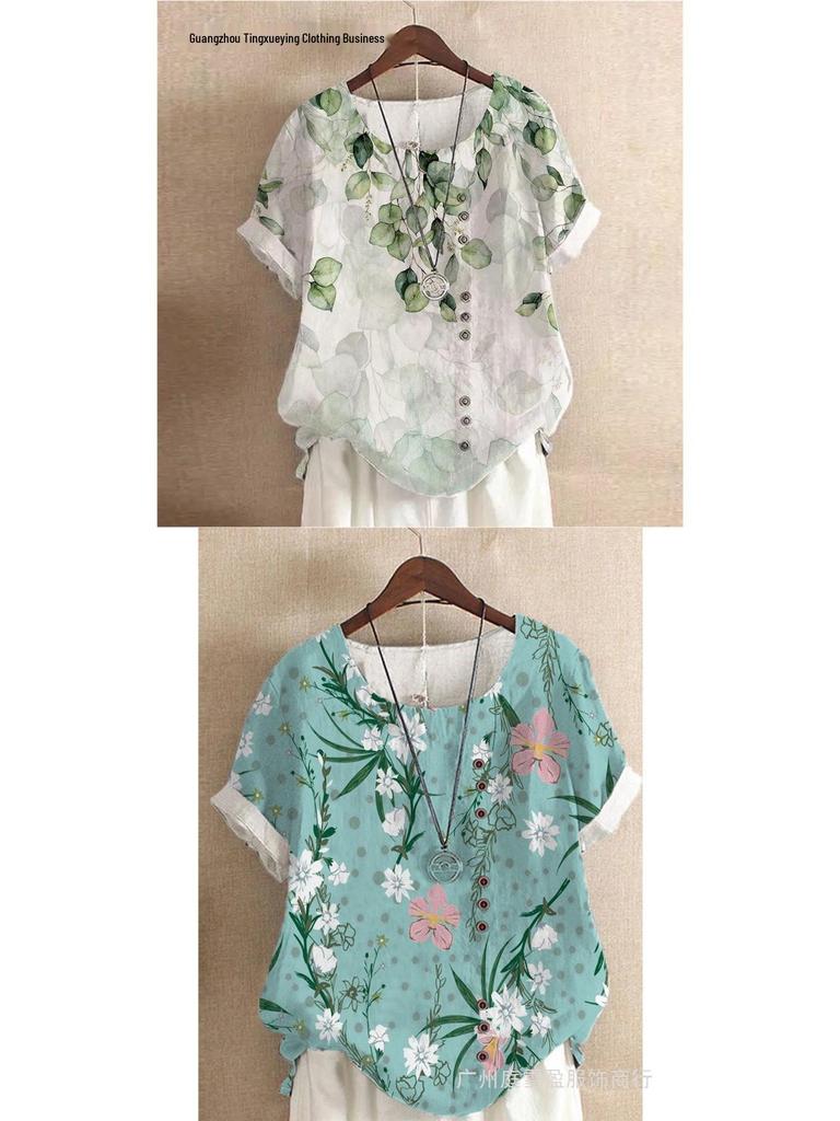 Women's Summer Retro Print Loose Cotton-Linen Short Sleeve Casual T-Shirt