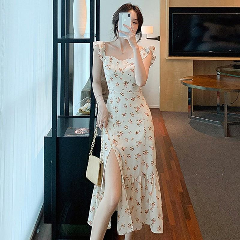 Dress new women's summer French retro waist and thin temperament floral split fork gentle wind suspender skirt