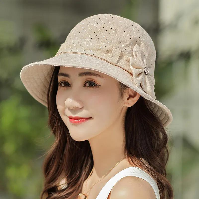 WTEMPO Solid Color Dot Printed Fabric Sun Hats Women Spring Summer Wide Brim Outdoor Breathable Foldable Sunscreen Bucket  Hats with Wind-proof Rope