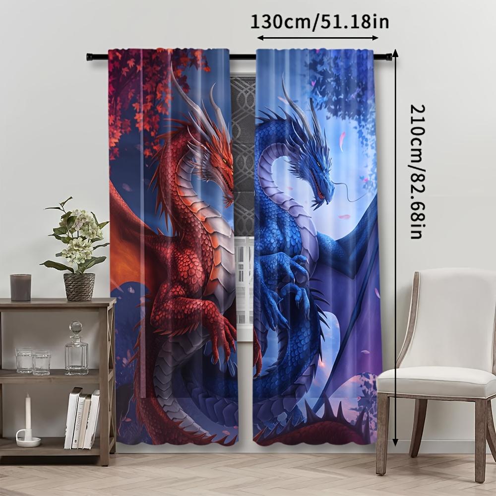 2 Stück Vorhänge mit Drachenmotiv mit Stangendurchzug   Gewebter Polyester-Pongee   Semi-transparente, walzengeprägte Vorhänge   Zeitgenössischer Stil   Maschinenw