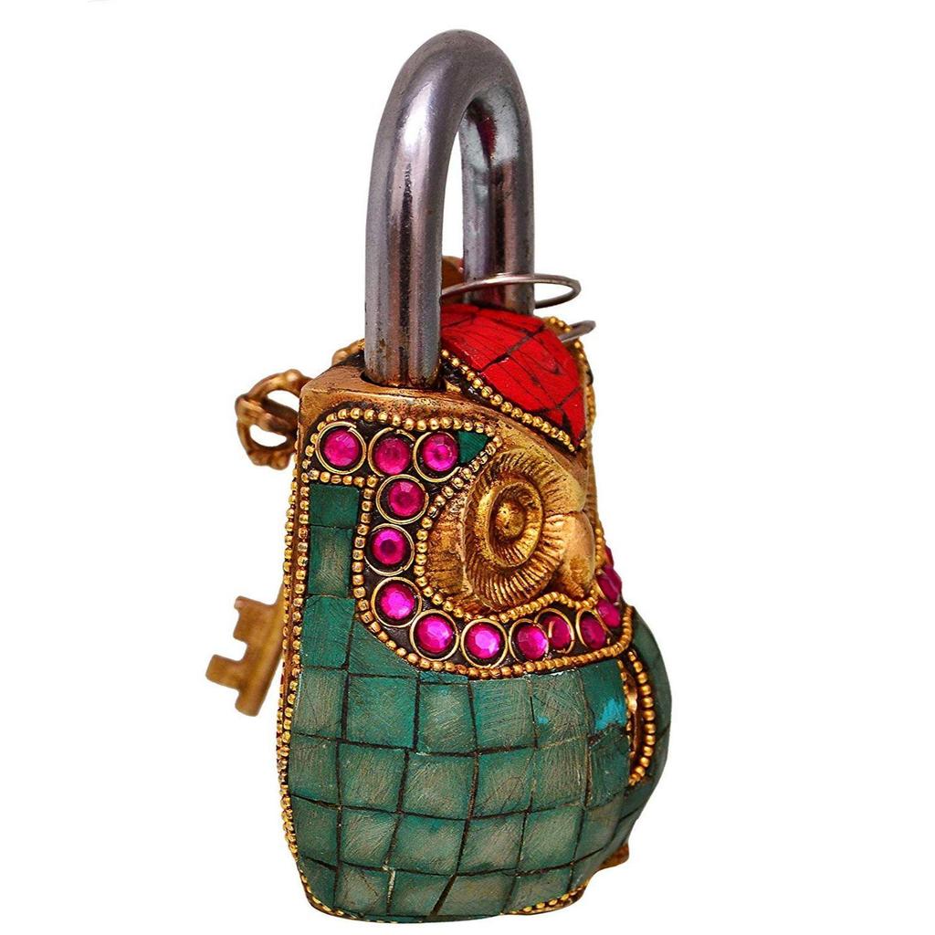 Owl Shaped Handmade Brass Antique Design Lock Padlock with Colorful Gemstone Work, Product Dimensions - 8 X 4.5 X 12Cm, 650Gm