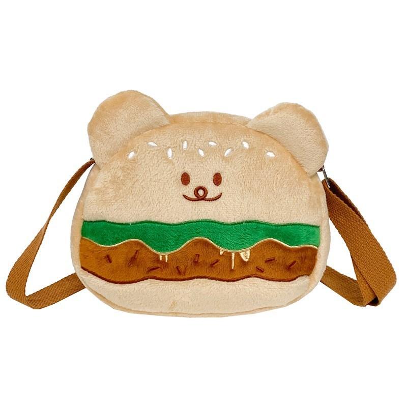 Soft Velvet Hamburger Bear Crossbody Bag With Embroidery For Daily Use