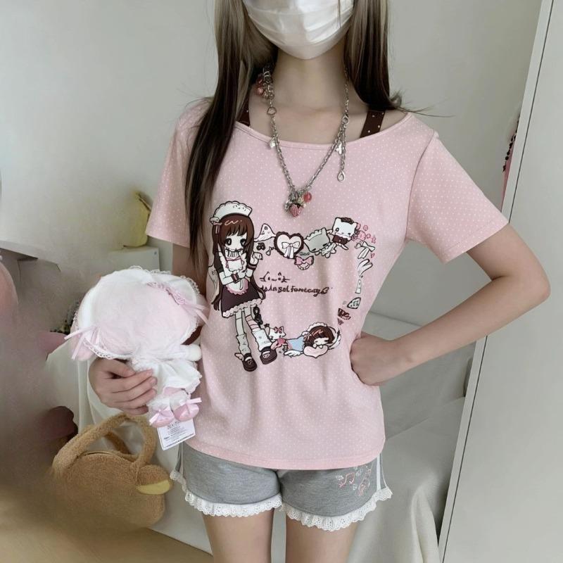 Women T Shirts Cartoon Printed Funny Sweet Slim Summer Fashion Short Sleeve Y2k Aesthetic Harajuku Tops Female Casual