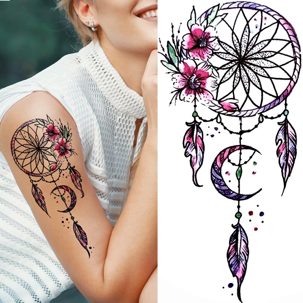 Tatuaggio temporaneo ad acquerello con albero della vita per donne, acchiappasogni, drago, foresta, peonia, adesivo per tatuaggio, finto pizzo, bussola, piuma.