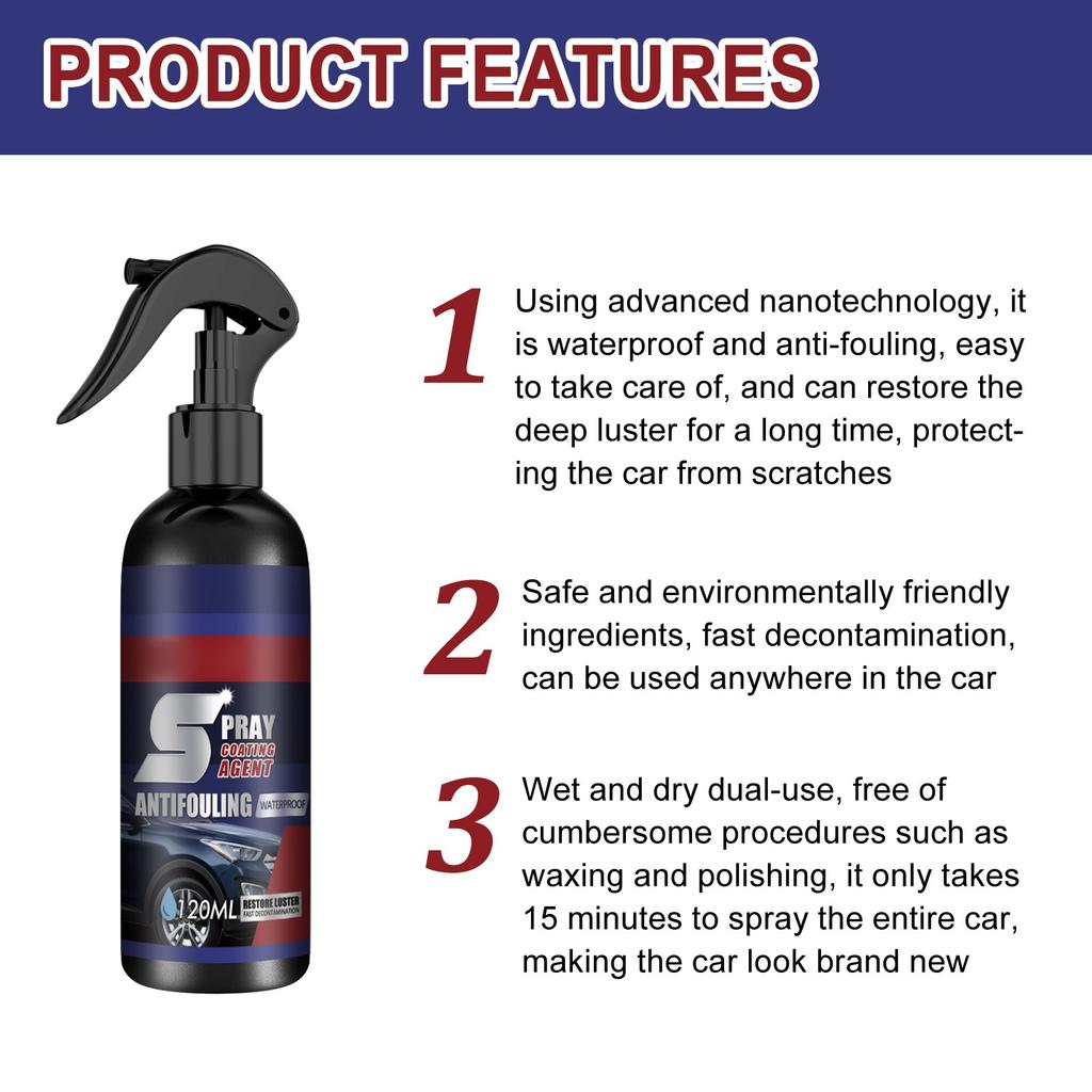 Multi-Functional Coating  Agent, 3 In1 Ceramic Car Coating Spray, High Quick Car Coating Spray Fast-Acting, Nanotechnology Plastic Parts 120ML