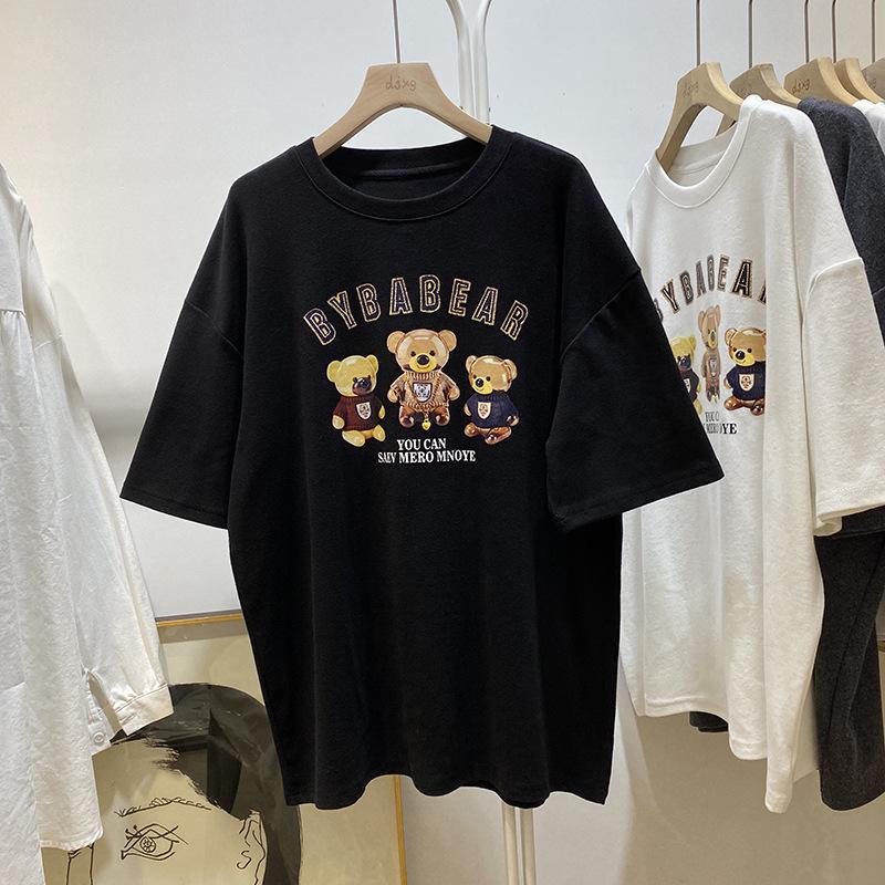 Camiseta Holgada de Algodón para Mujer con Estampado de Tres Ositos - Top de Moda Casual de Verano