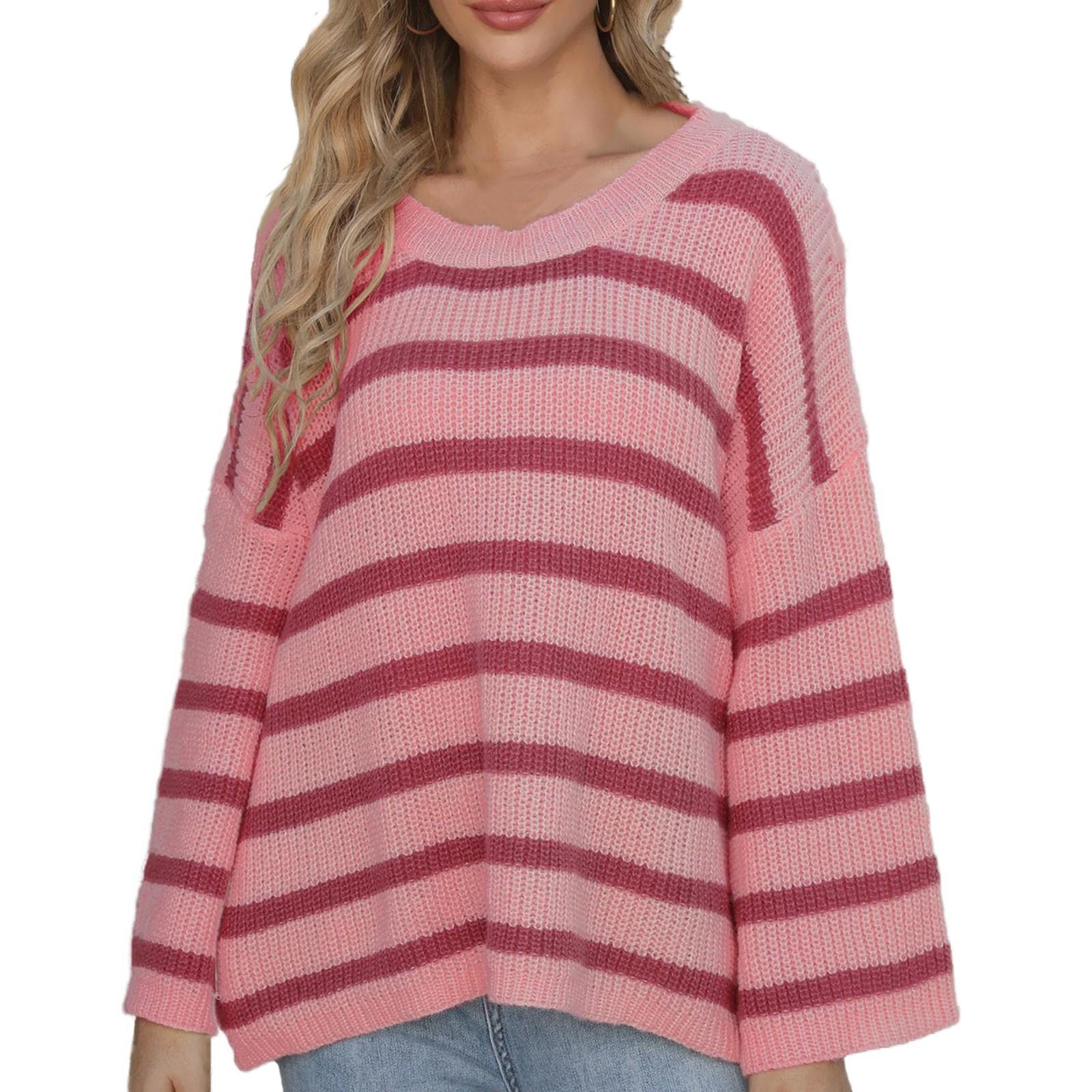 

Женский повседневный модный удобный полосатый свитер контрастного цвета с пуговицами, свободный свитер с рукавами-трубой One Size розовый