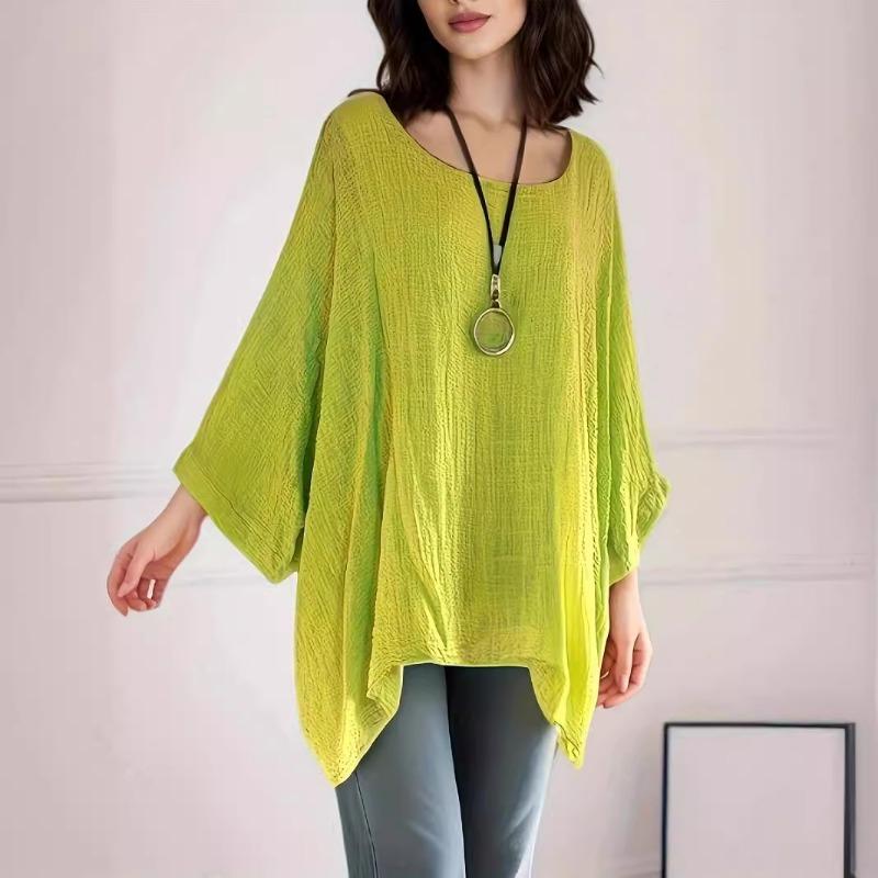 Women Summer New Round Neck Long Sleeve Asymmetric Hem Casual Loose Blouse Tops S зелёный